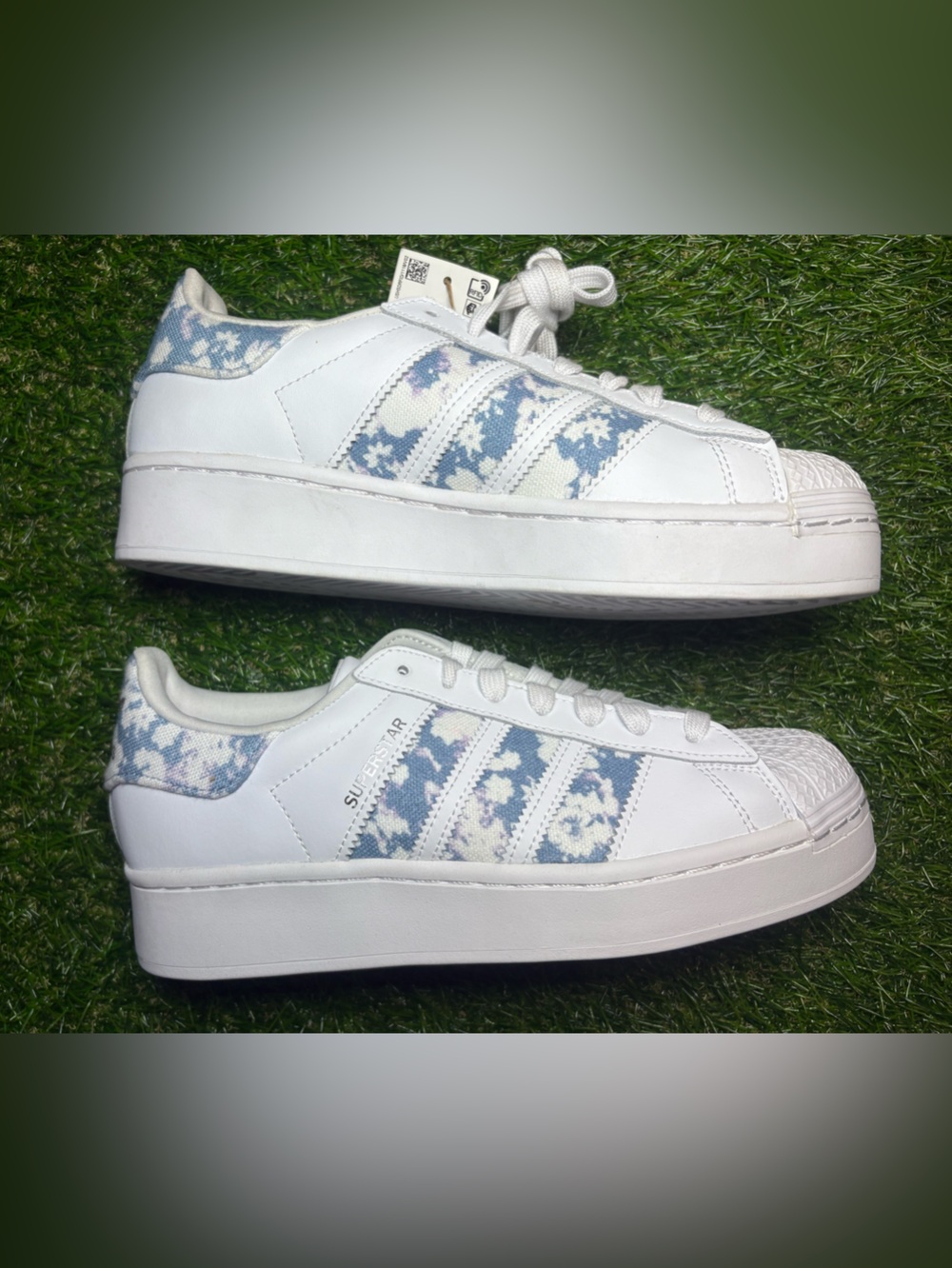 adidas White Sneakers with Light Blue Floral Panels - Women